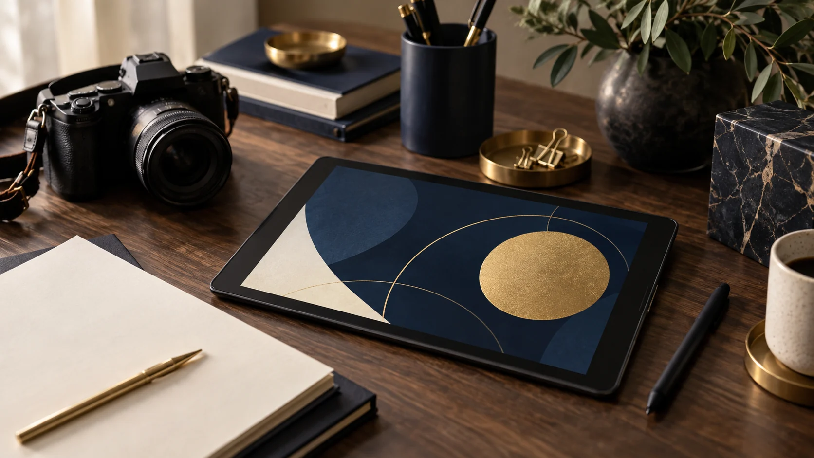 Câmera fotográfica e tablet com ilustração abstrata original.