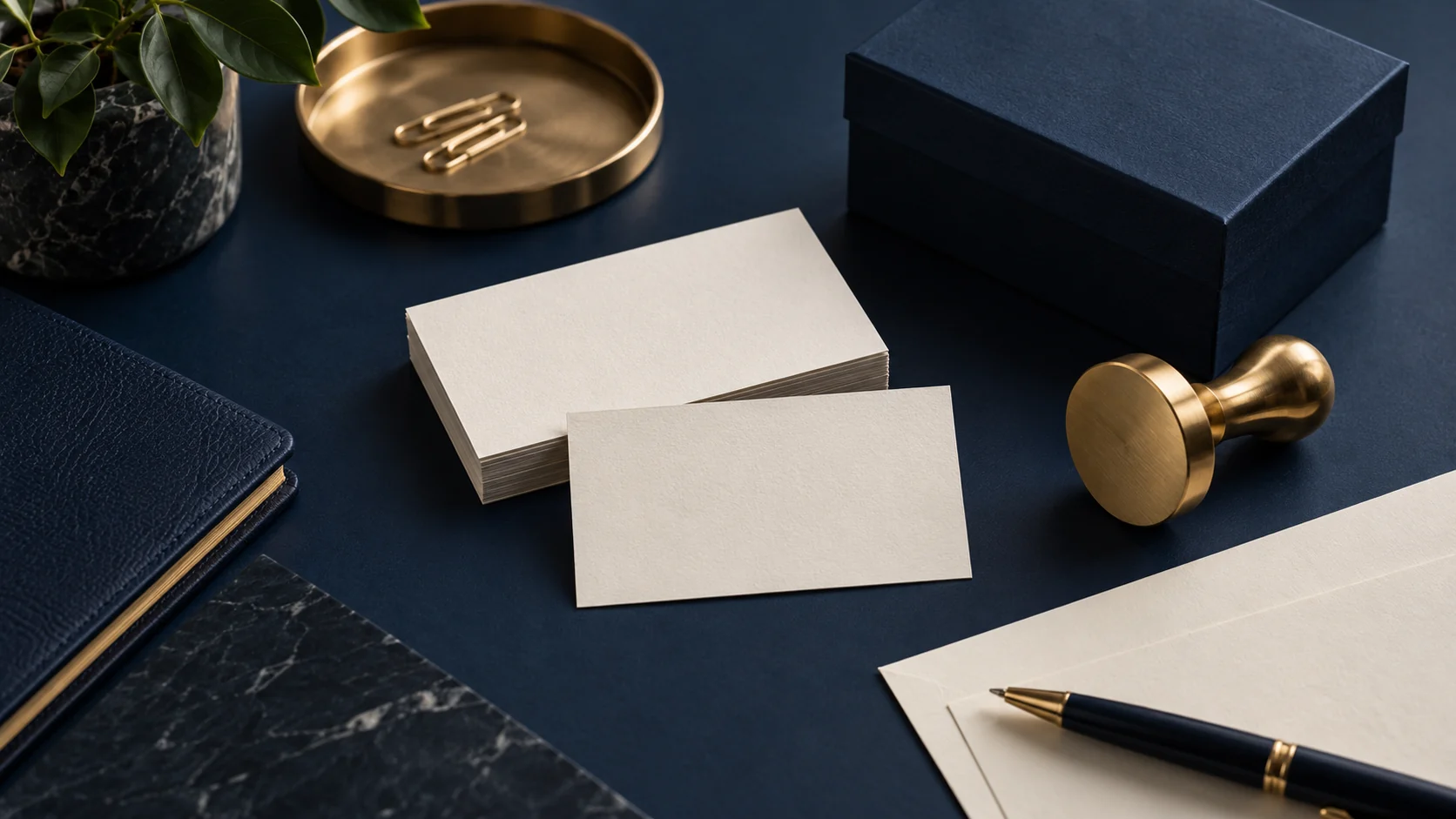 Cartões de visita sem texto, caixa azul e carimbo dourado sobre uma mesa.