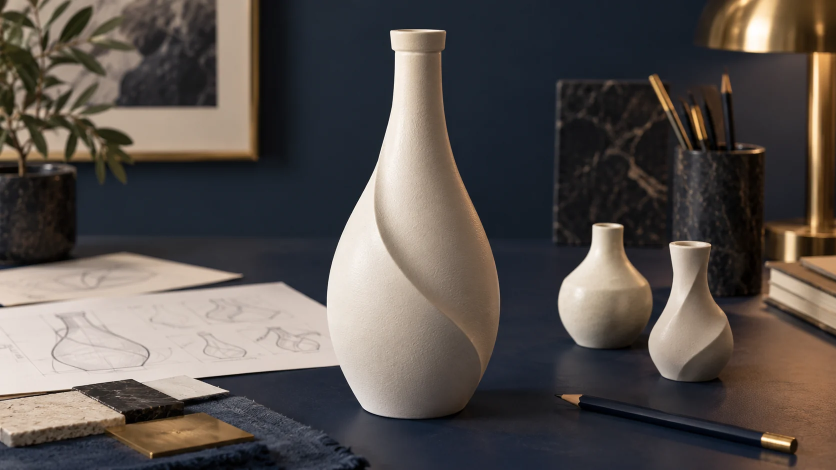 Estudos de formas e objetos de cerâmica sobre uma mesa de design.